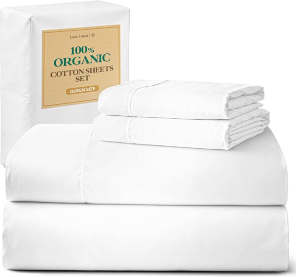 Limited time deal 53%off LANE LINEN Eco Friendly 100% Organic Cotton Queen Sheet Set, Soft & Comfy Fully Elasticized 15" Deep Pocket Bed Sheets, Low Pill Naturally Cooling Machine Wash Sábanas Queen- White Bed Sheets