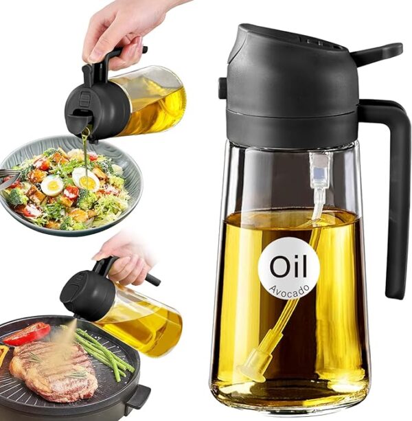 Limited time deal-25% YRRAMATE 16oz/470ml Glass Olive Oil Sprayer for Cooking with Stickers, 2 in 1 Oil Dispenser for Kitchen Gadgets, Food Grade Premium Spray Bottle with Portion Control for Salad, Frying, BBQ (Black)
